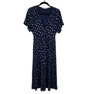 Boden Navy Blue & Gold Polka Dot Midi Dress with Pockets Women's US 4 Petite